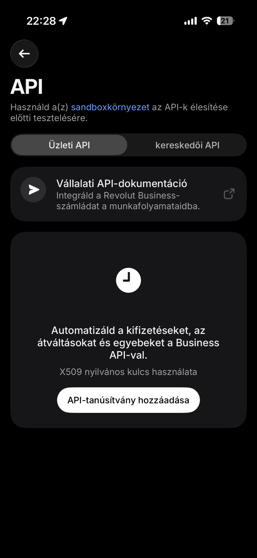 A Revolut API menüpontja a mobilos felületen: Üzleti API, API-tanúsítvány hozzáadása gomb