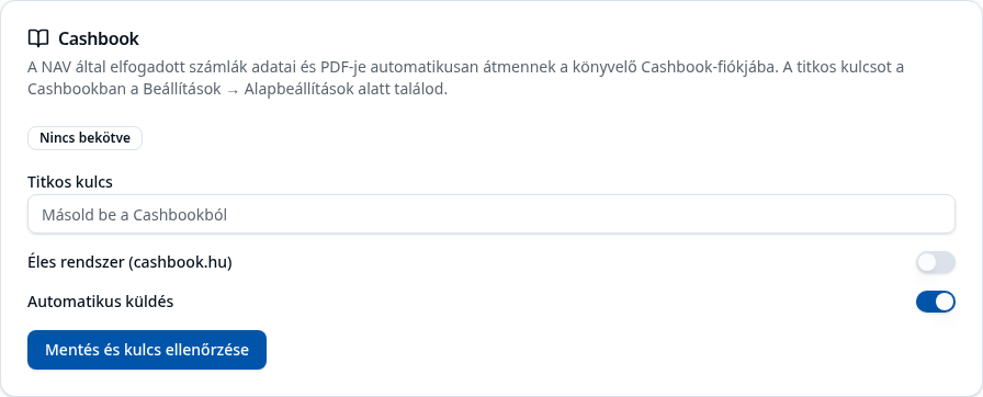 A Cashbook blokk a HunERP Integrációk fülön: titkos kulcs mező, éles rendszer kapcsoló, mentés és ellenőrzés